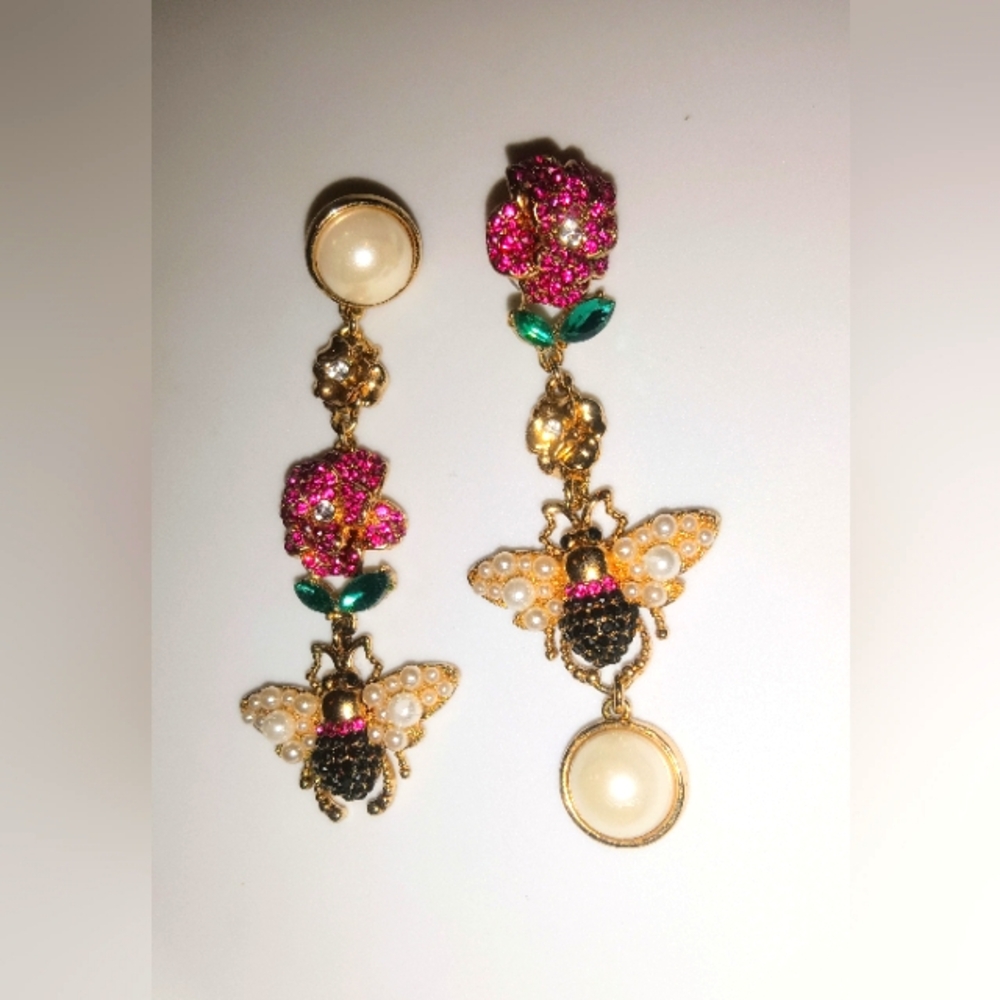 Thalia Sodi Gold-Tone Pearl Crystal Queen Bee & Flower Mismatch Drop Earrings